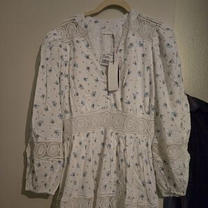 Avec Les Filles White Dress with Blue Floral Lace Accents